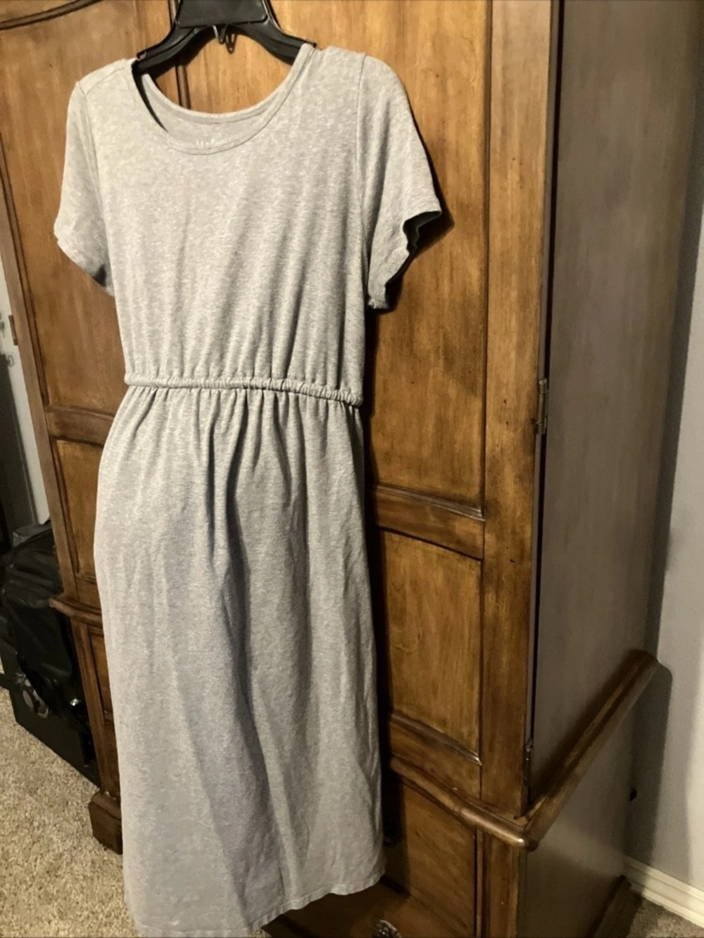 Isabel Maternity Soft Cotton Gray Dress Drawstring Waist. Below Knee. Sz L EUC